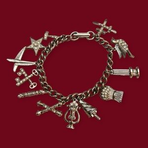 Vtg ORA 1950s Silvertone Order Of The Eastern Star Charm Chain Bracelet
